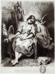 Eine junge Frau döst mit einem Engel, Illustration aus 